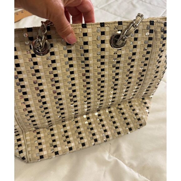 Talbots Woven Sequin-Accented Handbag Chain Straps Beige Black Elegant Tote Bag - Picture 3 of 11
